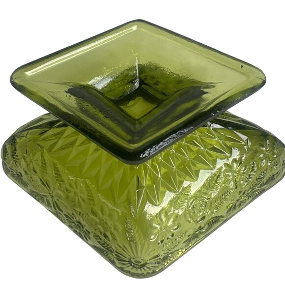 Vtg Indiana Avocado Green Glass Diamond Pedestal Dish Floral Embossed Design - Picture 4 of 7